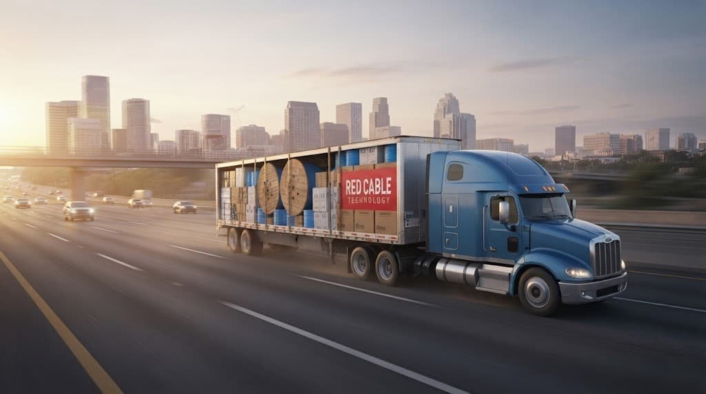 Red Cable Technology truck delivering OEM network cables from factory to technology businesses