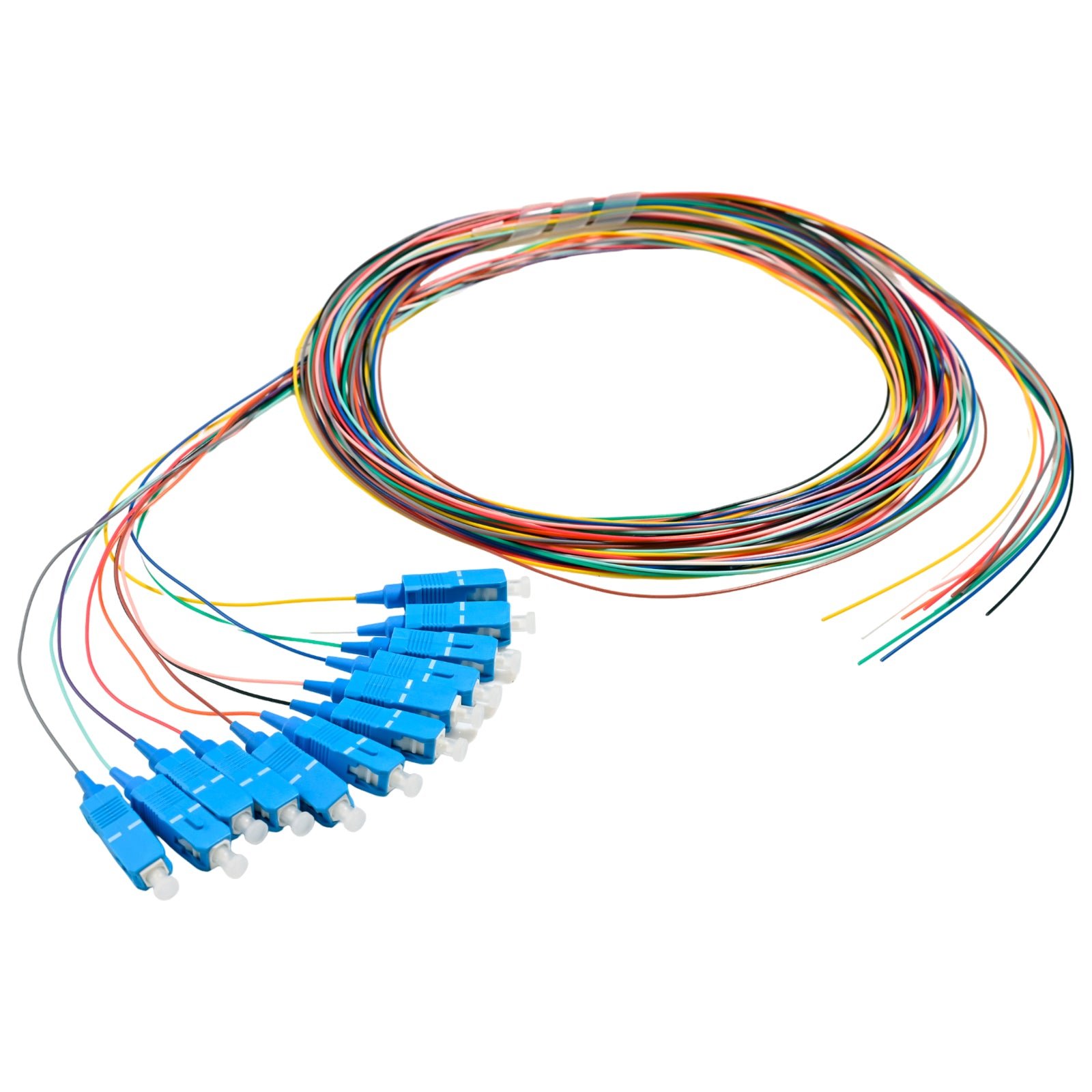 Pigtail SC/UPC 12 colors Singlemode OS2 9/125 G657A1 0.9mm OFNR 3M, tight buffer